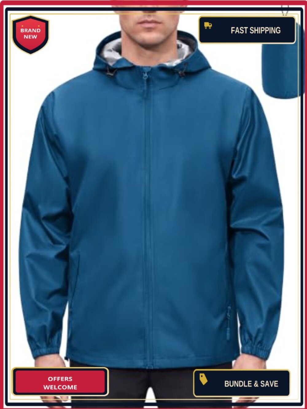 Waterproof Rain Jacket Men Packable Hooded Windbreaker Lightweight